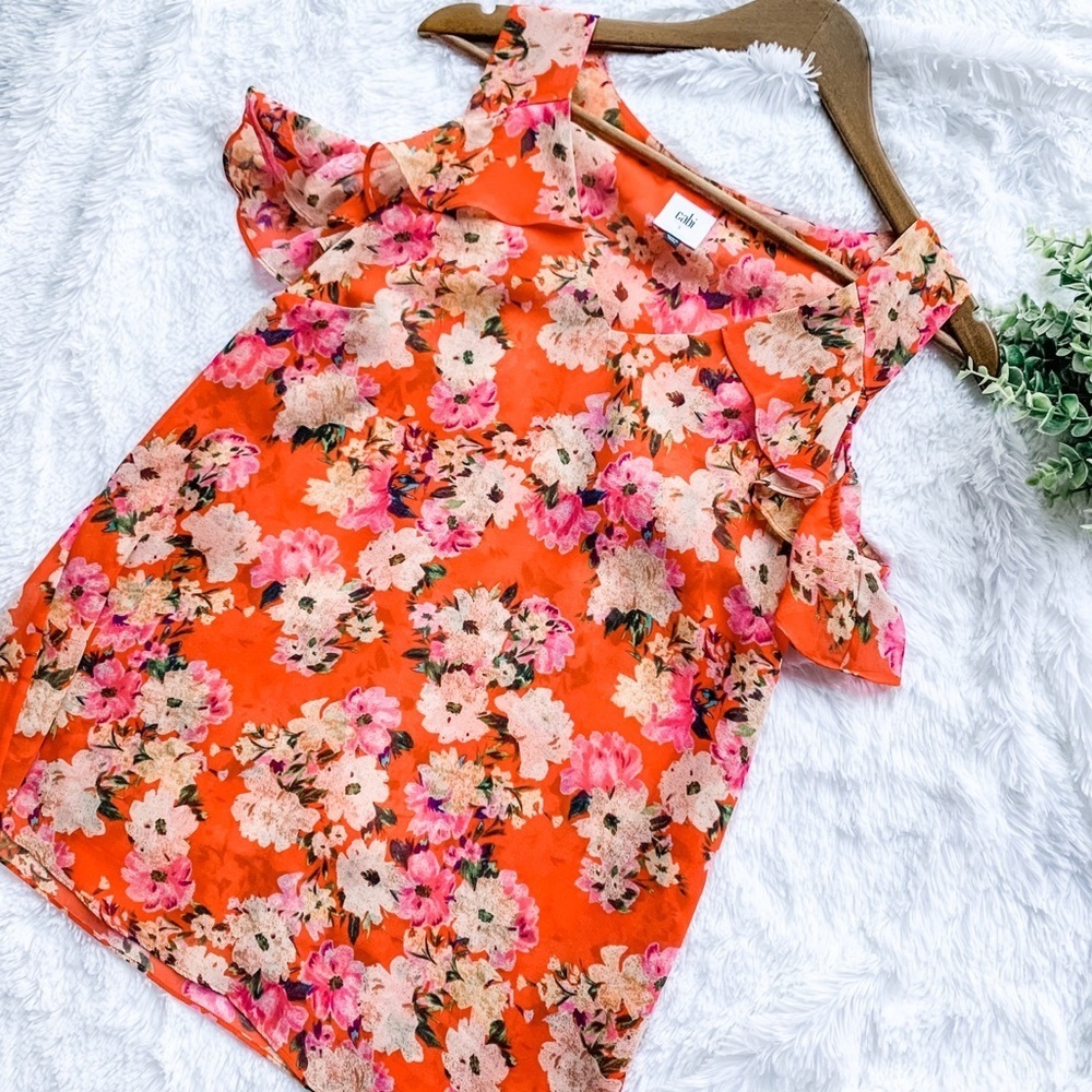 Cabi | Size Small Red Floral V Neck Blouse with Cold Shoulder Sleeves